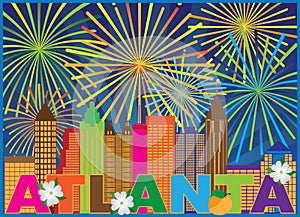 Atlanta Skyline Peach Dogwood Fireworks vector Illustration