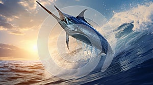 Atlantic blue marlin jumping out of the water, sea animals