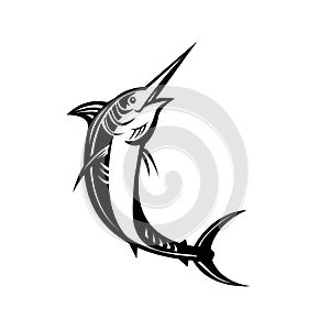 Atlantic Blue Marlin Jumping Retro Woodcut Black and White