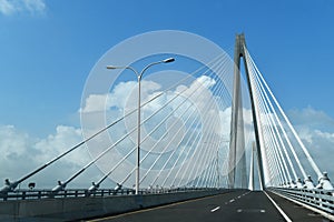 Atlantic Bridge, entrance to the Panama Canal from the Atlantic Ocean, the third bridge has two pylons and is suspended, Panama