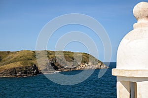 Atlantic coast in Cabo Frio: island behind old Portugese fortress