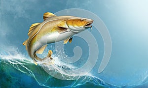 Atlantic Cod fish attack fish bait jigs and stakes spoon bait jumping out of water illustration isolate realistic.