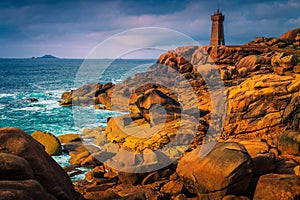 Atlantic Ocean coast with waves and granite rocks, Ploumanach, France