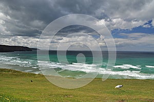 Atlantic ocean overcast sky, Cornwall, England, UK