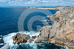 The atlantic ocean at the Pointe de Pen-Hir, a cape on Crozon peninsula in FinistÃ¨re, Brittany France photo