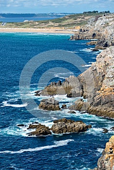 The atlantic ocean at the Pointe de Pen-Hir, a cape on Crozon peninsula in FinistÃ¨re, Brittany France photo