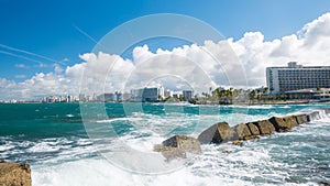 The Atlantic Ocean and waves on a beautiful hot, sunny and windy day. San Juan, Puerto Rico