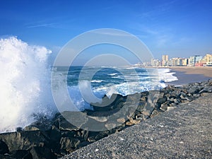 Atlantic Ocean waves crashing on the rocks in PÃ³voa de Varzim, Portugal, January 2019 photo