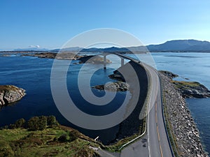 Atlantic road bridge in Norway in sunny day aerial view