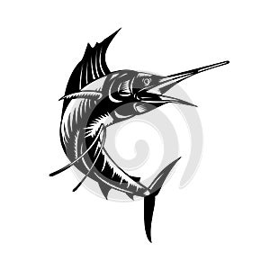 Atlantic Sailfish Jumping Up Viewed From Side Woodcut Retro Black and White