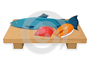 Atlantic salmon fish food concept, fresh humpback foodstuff cartoon style isolated on white, flat vector illustration. Kitchen