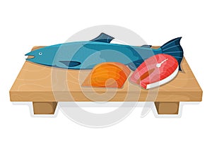 Atlantic salmon fish food concept, fresh humpback foodstuff cartoon style isolated on white, flat vector illustration. Kitchen