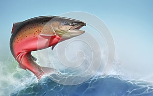 Atlantic salmon or pink salmon background on waves realismc illustration