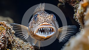 Atlantic Wolffish peeking from rocky crevice with sharp teeth photo
