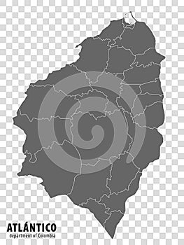 Atlantico Department of Colombia map on transparent background. Blank map of Atlantico with regions in gray