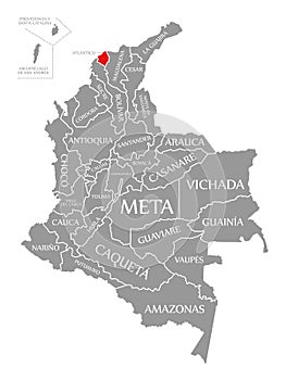 Atlantico red highlighted in map of Colombia photo