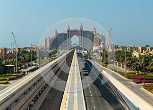 Atlantis hotel and monorail train in Dubai