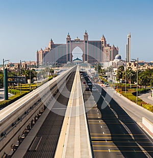 Atlantis hotel and monorail train in Dubai