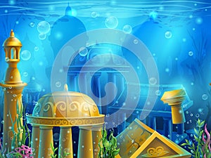 Atlantis. Seamless submerged underwater city, the gold ancient photo