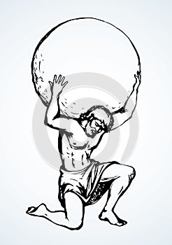 Atlas keeps the earth on their shoulders. Vector drawing silhouette photo