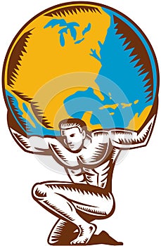 Atlas Lifting Globe Kneeling Woodcut photo