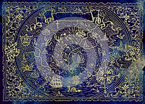 Atlas map of unknown world with fantasy creatures, pirate ship, compass on blue texture