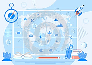 Atlas with metrics, compass, and oceans concept vector. Tiny geographers study earth. Geography and topography research