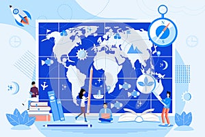 Atlas with metrics, compass, and oceans concept vector. Tiny geographers study earth. Geography and topography research photo