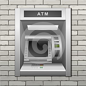 ATM Bank Cash Machine on a Brick Wall Background