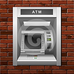 ATM Bank Cash Machine on a Brick Wall Background