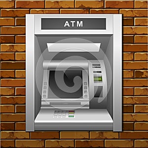 ATM Bank Cash Machine on a Brick Wall Background