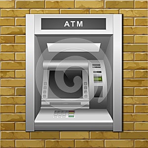 ATM Bank Cash Machine on a Brick Wall Background