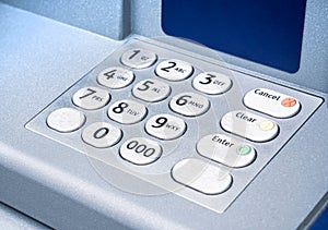ATM cash machine pin pad, keypad detail, object closeup, nobody. Key pad, number keyboard on a modern atm up close