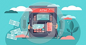 ATM cash machine vector illustration. Flat tiny persons money withdrawal concept.