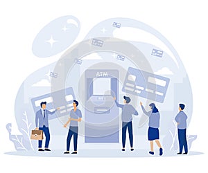 ATM concept. Tiny people waiting in line near atm machine holding credit card and money. Banking terminal. Online payment, flat