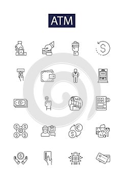 Atm line vector icons and signs. Cash, Dispenser, Machine, Withdrawal, Deposit, Card, Banking, Funds outline vector