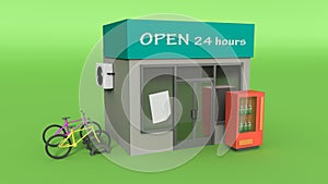 ATM machine business technology concept or small bank ac Store beer refrigerator bicycle parking 3d illustration