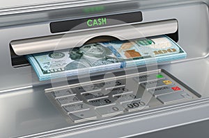 ATM machine with dollars. Withdrawing dollar banknotes, 3D rendering