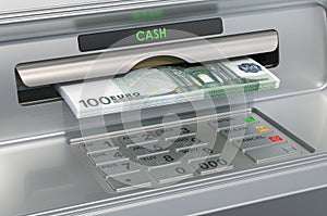 ATM machine with euro. Withdrawing euro banknotes, 3D rendering