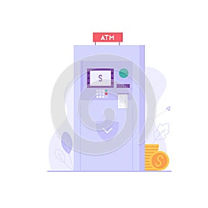 ATM machine isolated with money. ATM teller cash withdrawal machine. Concept of banking, withdrawal from ATM, digital bank service