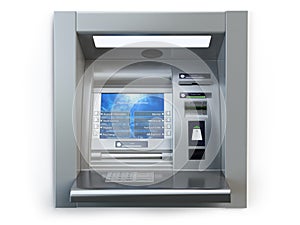 ATM machine isolated on white. Automated teller bank cash machine