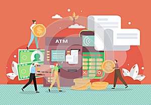ATM machine, mobile phone with invoices. People making money transactions from bank accounts, flat vector illustration.