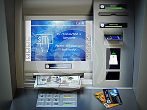 ATM machine, money cash and credit cards. Withdrawing dollar ban