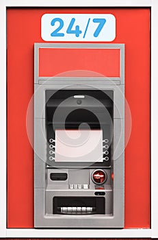 ATM machine, photo of one object in detail as a background, red color