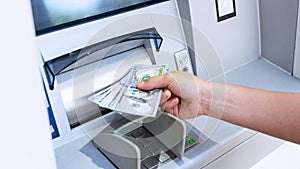 Atm machine screen. Holding american bill cash. Woman withdraw money usd hundred dollar. Money stack, bank credit card.