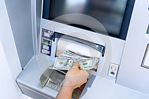 Atm machine screen. Holding american bill cash. Woman withdraw money usd hundred dollar. Money stack, bank credit card.