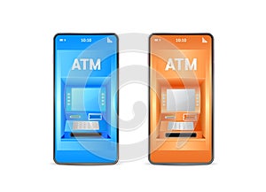 ATM machine on smartphone with online payment app.