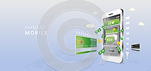 ATM machine on smartphone screen. Mobile banking and online payment concept on world map background.
