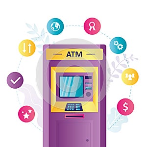 ATM machine for various financial transactions. Cash withdrawal and credit card deposit at cashpoint