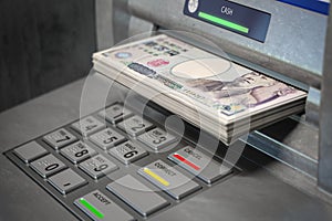 ATM machine and yen. Withdrawing  100 yen banknotes. Banking concept photo